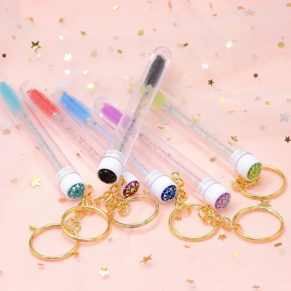 10pcs Reusable Eyelash Brush Tubes With Gold Keychain Sparkling Lash Mascara Wands In Tubes Container Lash Spoolies Comb Brushes