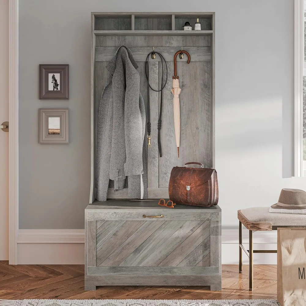 مقعد تخزين للمدخل 3 في 1 قائم بذاته، ورف الأحذية، ورف المعاطف - لمسة نهائية رمادية اللون، وتصميم موفر للمساحة