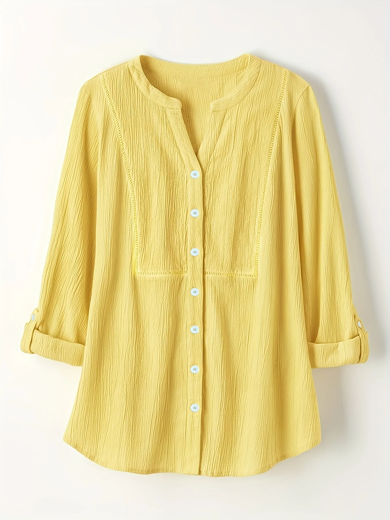 

Женская молодежная и яркая однотонная рабочая одежда больших размеров, лимонно-желтого цвета, топ с длинными рукавами на пуговицах и v-образным вырезом