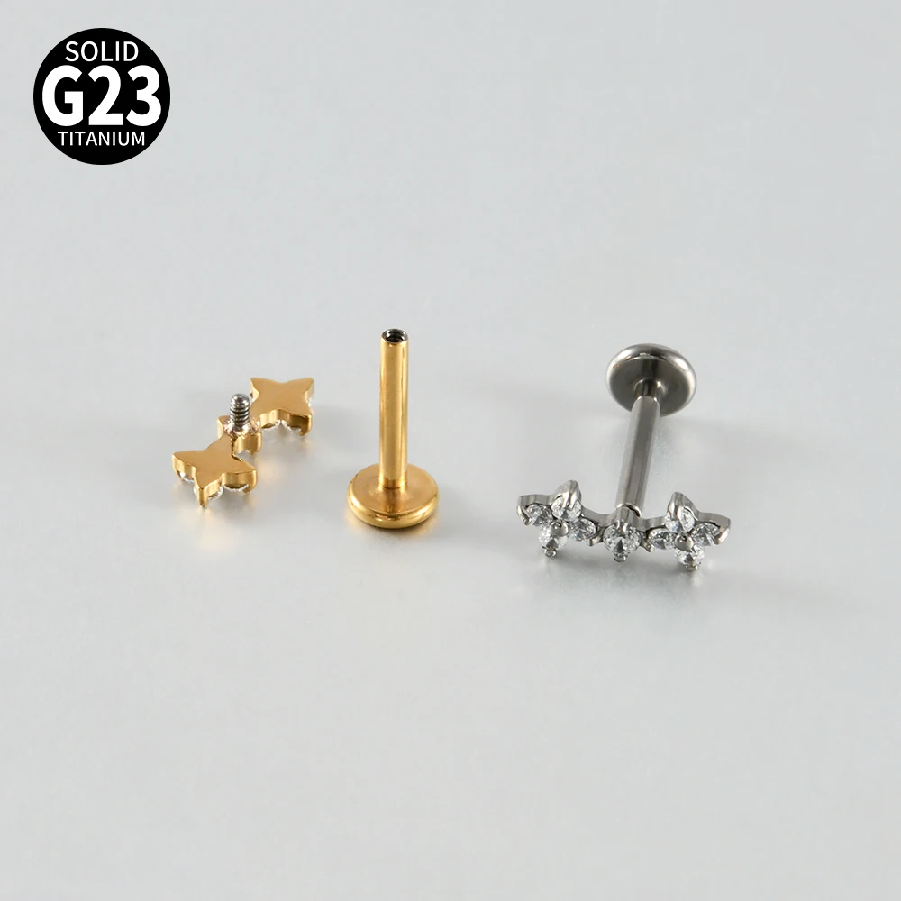 1PC G23 Titanium Earrings CZ Gem Triangle Labret Lip Ring Crystal Cluster Ear Cartilage Tragus Helix Lobe Piercing Screw Fit Top