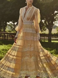 Elegant Hollow Out Embroidery Women Lace Long Dress 2023 Autumn New In Swing Hem Dress Puff Sleeve O-Neck Long Sleeve High Waist