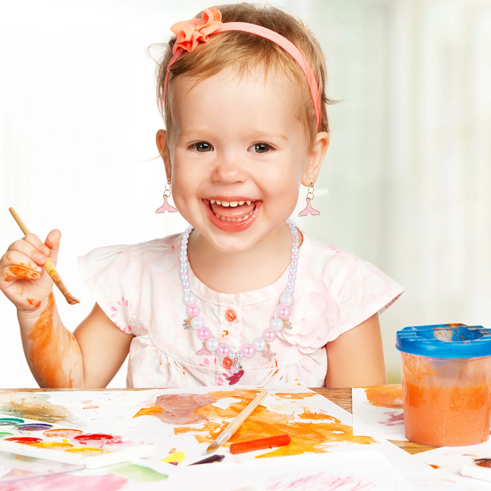 4Pcs Kids Mermaid Themed Beaded Jewelry Necklace Bracelet Ring Dangler Colorful Beads Wrist Decor Accessories Kids Wrist Decor