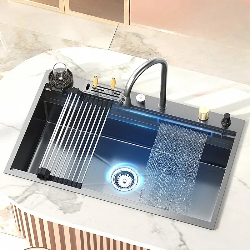 

Waterfall Sink Stainless Steel Kitchen Household Washing Vegetables Basin Manual Thickened Sink under Counter Large Single