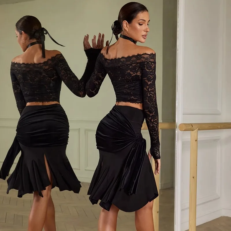 

Customized ZYM Top Lace Retro Latin Dance Practice Dress Adult Female One Shoulder Dance Clothes Women Line Suit