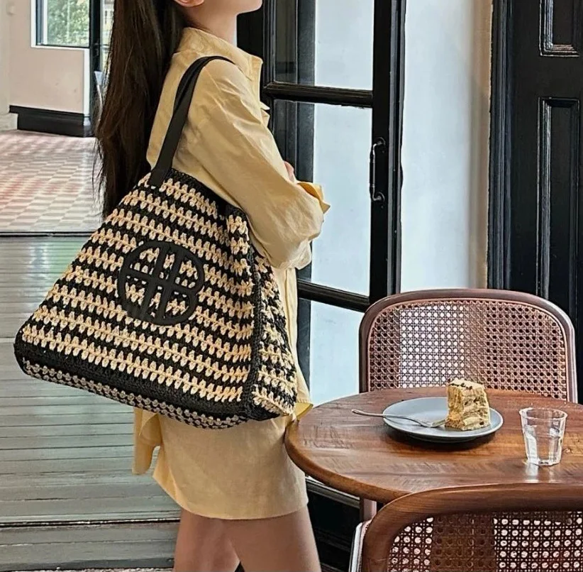 Raffia Crochet Bucket straw tote bag women handmade large capacity summer beach woven handbag khaki natrual 2023 new