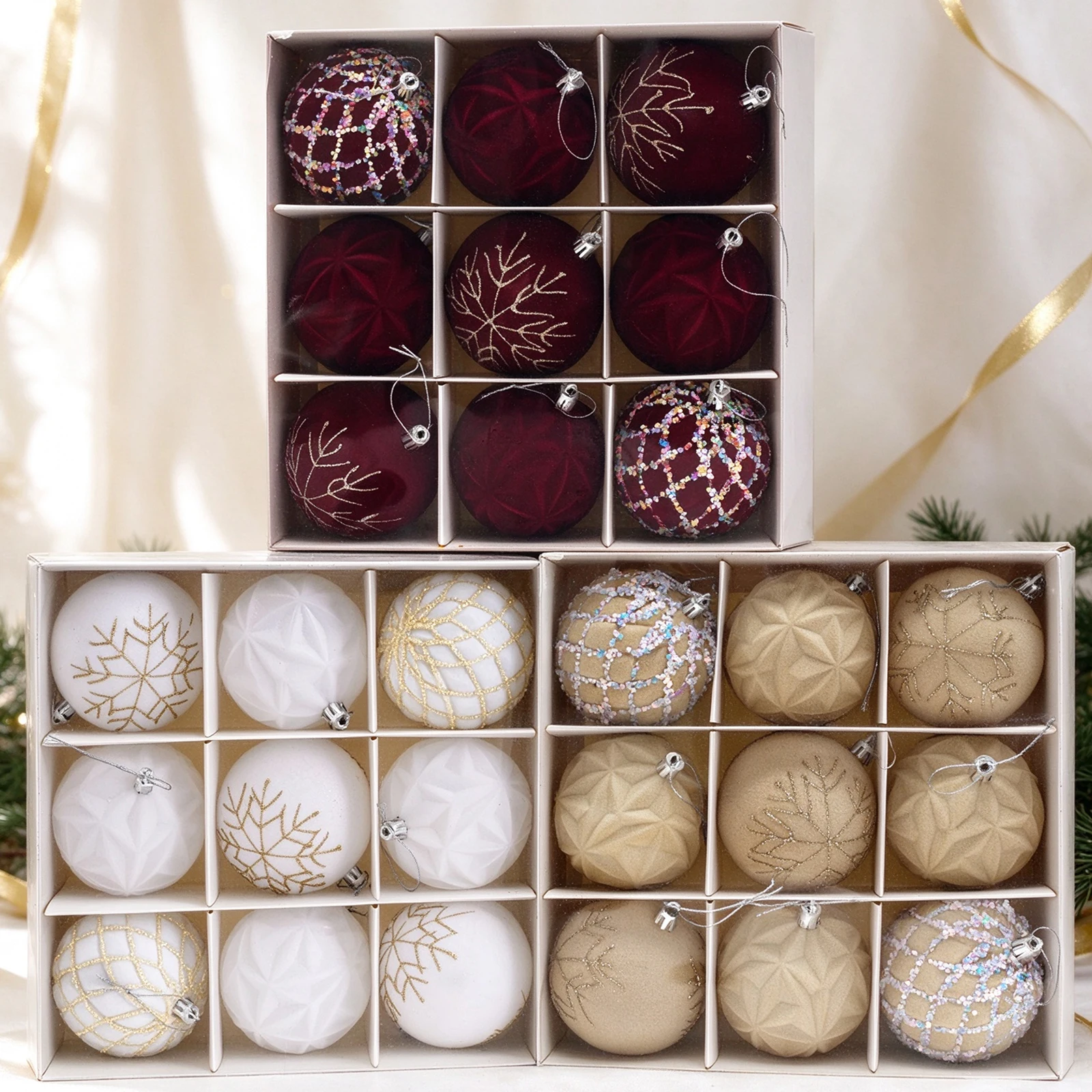 9-Piece Set (Gift Box)8 Cm/ 3.14-Inch Large Christmas Tree Ornaments Flocked Printed and Sparkly Ornaments Shatter-Resistant Chr