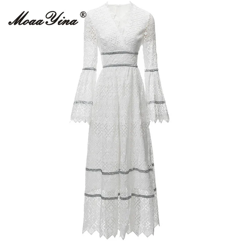 

MoaaYina Autumn Fashion Designer White Vintage Lace Dress Women's Flare Sleeve Sequins Holiday Party High Waist Slim Long Dress