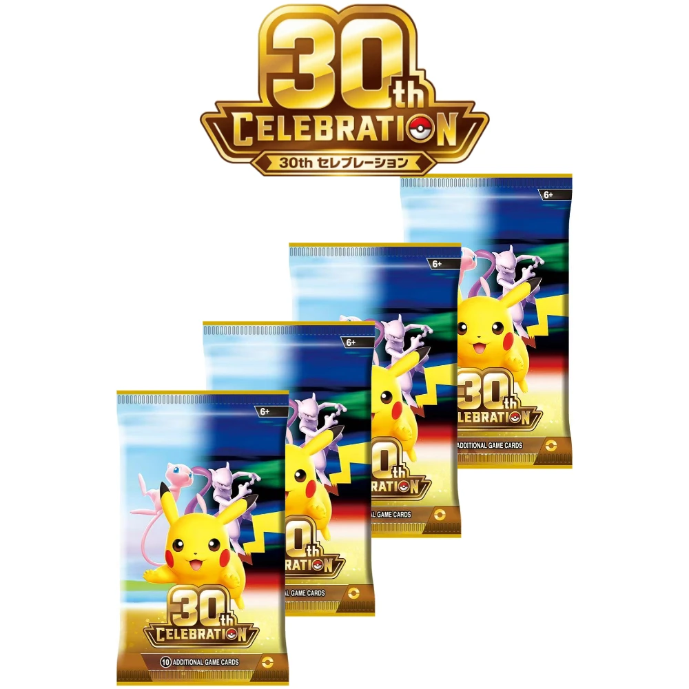 100Pcs Pokémon TCG 30th Celebration Trading Cards 9+1 Per Pack Mega Evolution Booster Pack Chaos Rising Pitch Phantasmal Flames