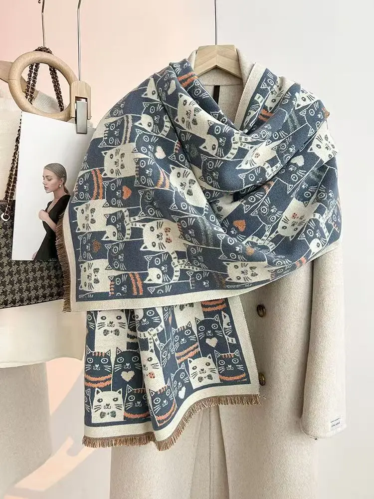 Women Double Sided Print Faux Cashmere Scarf Autumn Winter New Thickened Extra Long Warm Fashionable Versatile Shawl