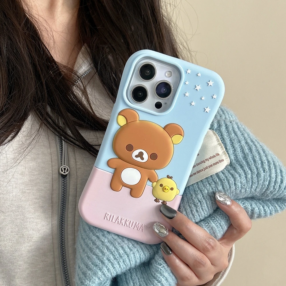 33D Stereoskopische Handyhülle für iPhone 17 16 15 14 13 12 11 Pro Max Niedliche Cartoon Rilakkuma Bär Stoßfeste Weiche Silikonhülle