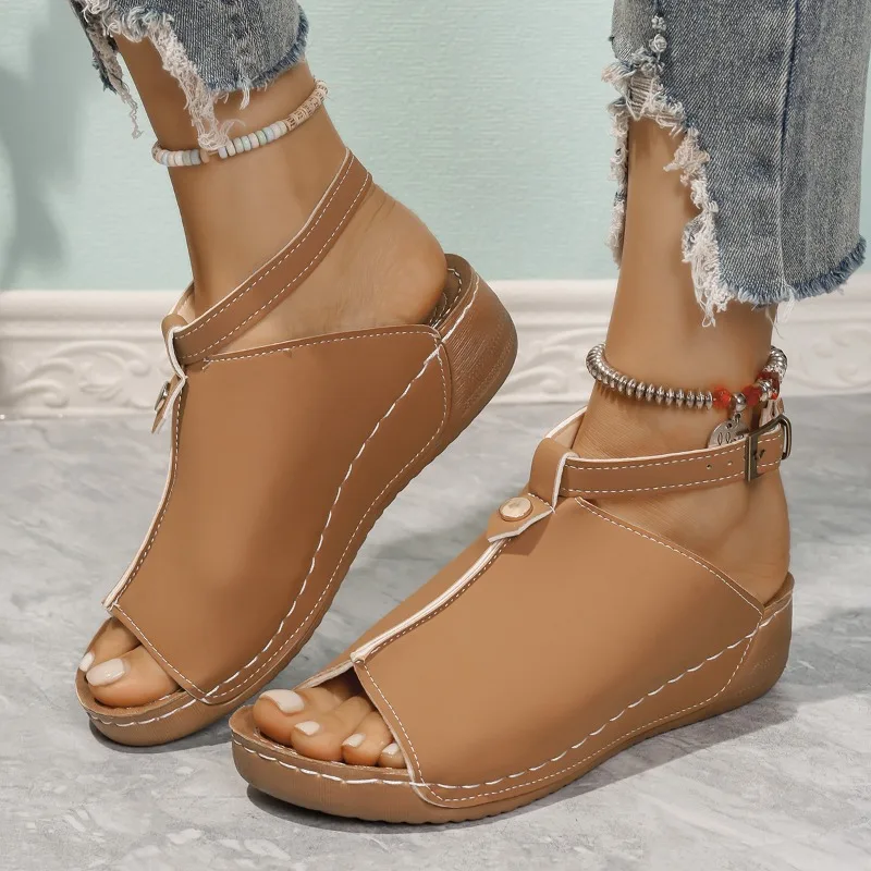 

Новые женские босоножки на танкетке с открытым носком, летние модные дышащие удобные сандалии, женская пляжная женская обувь с пряжкой, Sandalias De Mujer