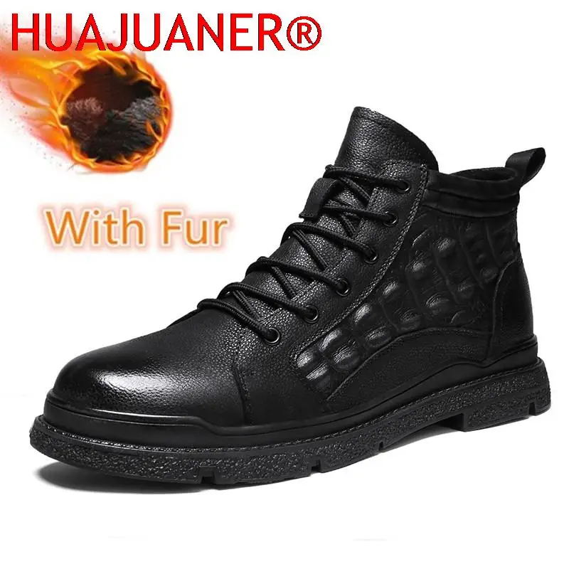 Men Winter Boots Comfy Crocodile Style Snow Boots Fashion Mens Sneakers Shoes Men Lace-up Quality Genuine Leather Fur Men Boots