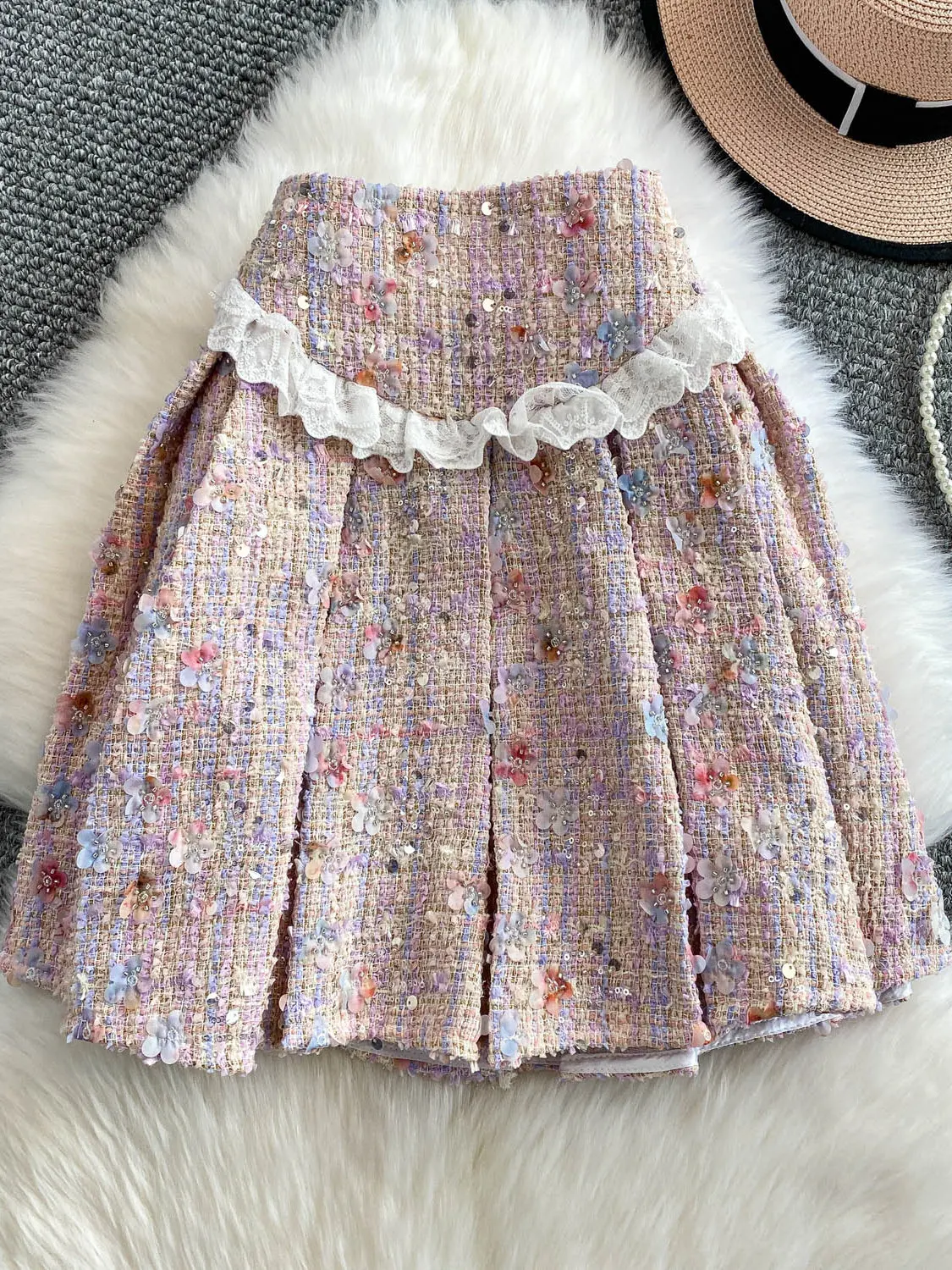 

Ele Lace Panelled Heavy Beading 3D Flower f Skirt Women's Sweet Anti-Aging Bouffant Skirt High Waist Gored Skirt