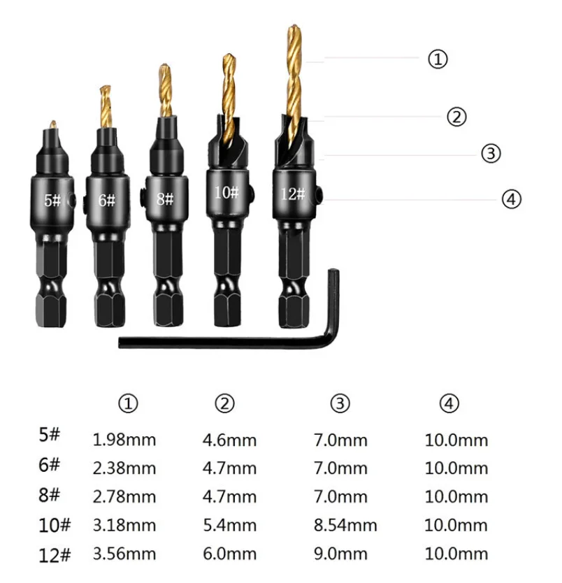 Wooden Plug Drill Claw-Type Cylinder    Combination Tool Titanium-Plated Hexagonal Handle Woodworking Countersunk