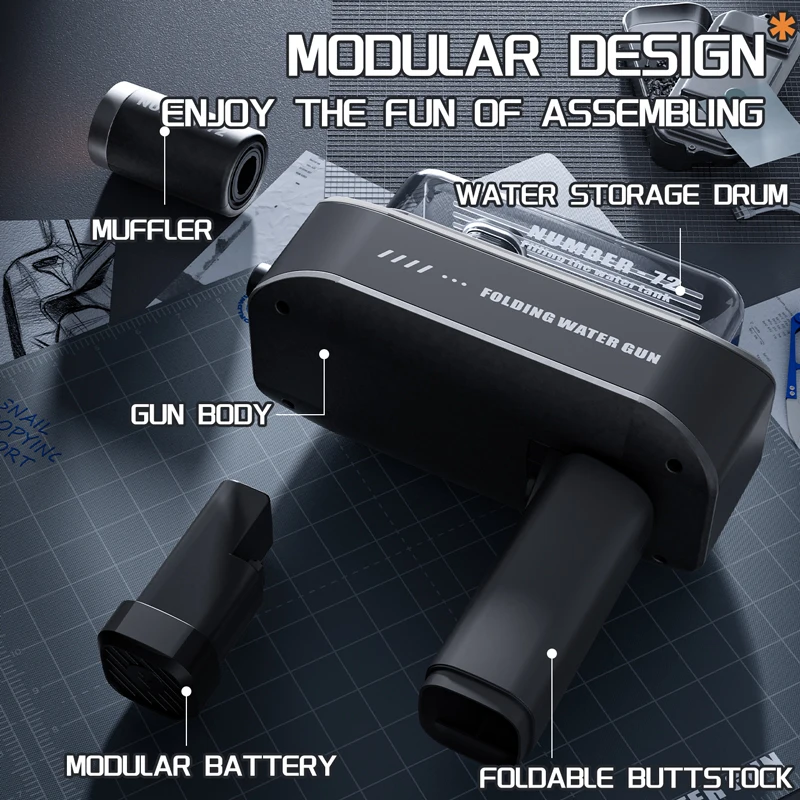 光る折りたたみ式電動連続水鉄砲 USBモジュールバッテリー 夏のビーチ 子供用水遊びおもちゃ 水鉄砲