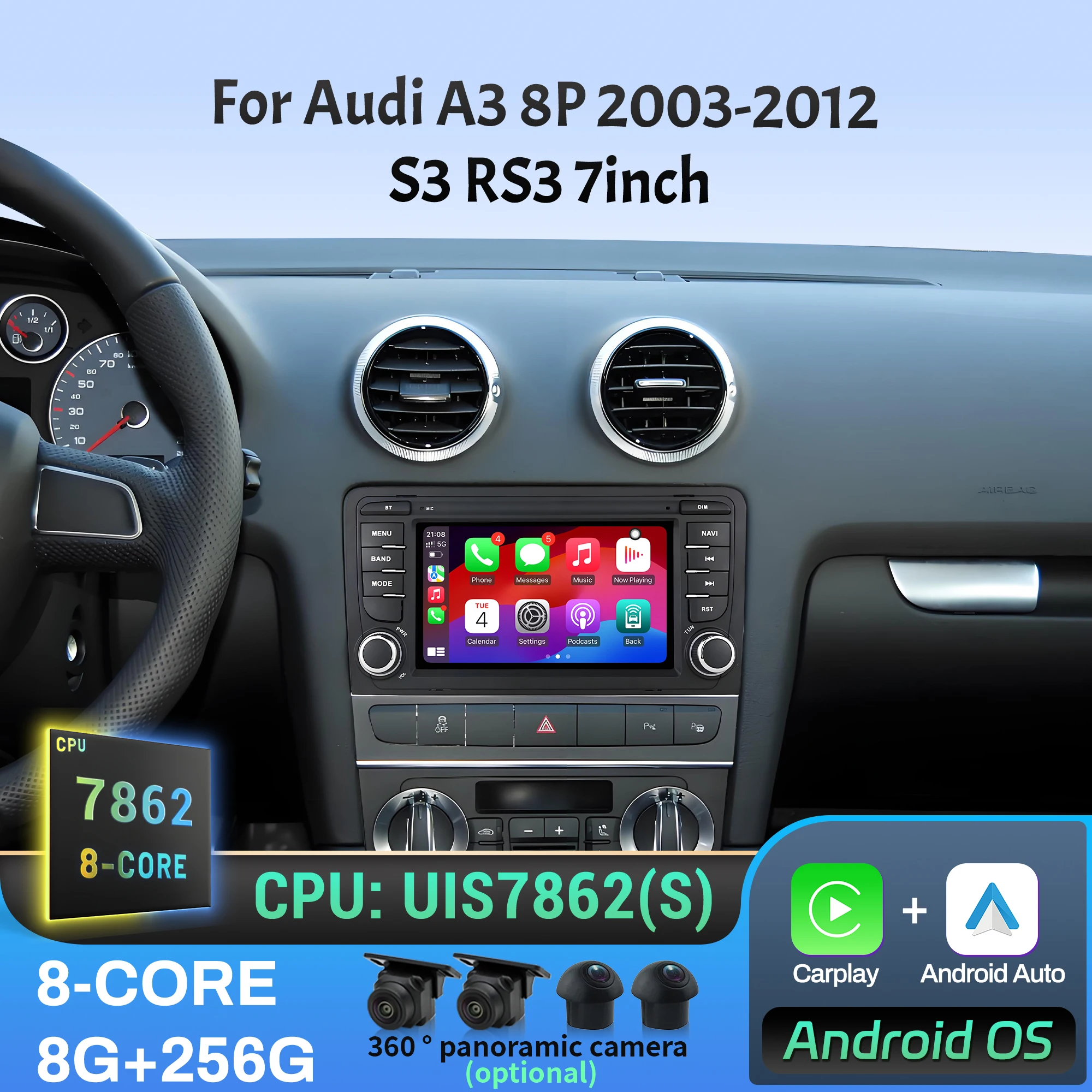 7 pouces pour Audi A3 8P 2003-2010 2011 2012 S3 RS3 autoradio sans fil Bluetooth CarPlay Android 14 multimédia 7862 écran tactile