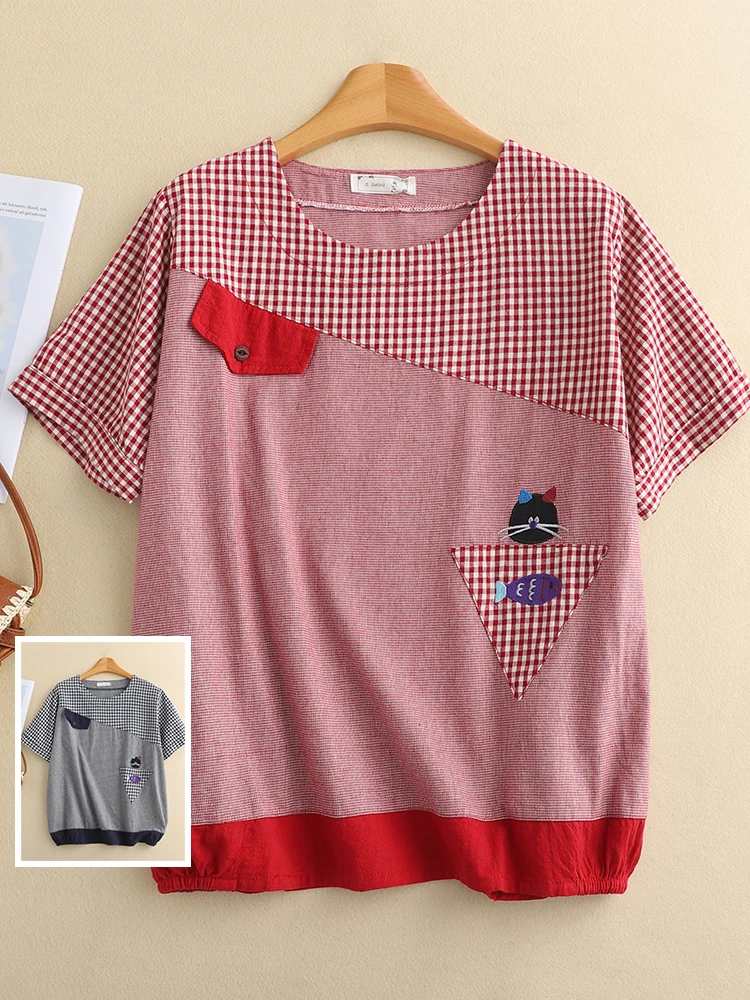 

Повседневная женская футболка больших размеров с вышивкой и пэчворком, с коротким рукавом, круглым вырезом, летний топ, омолаживающий эффект, с принтом.