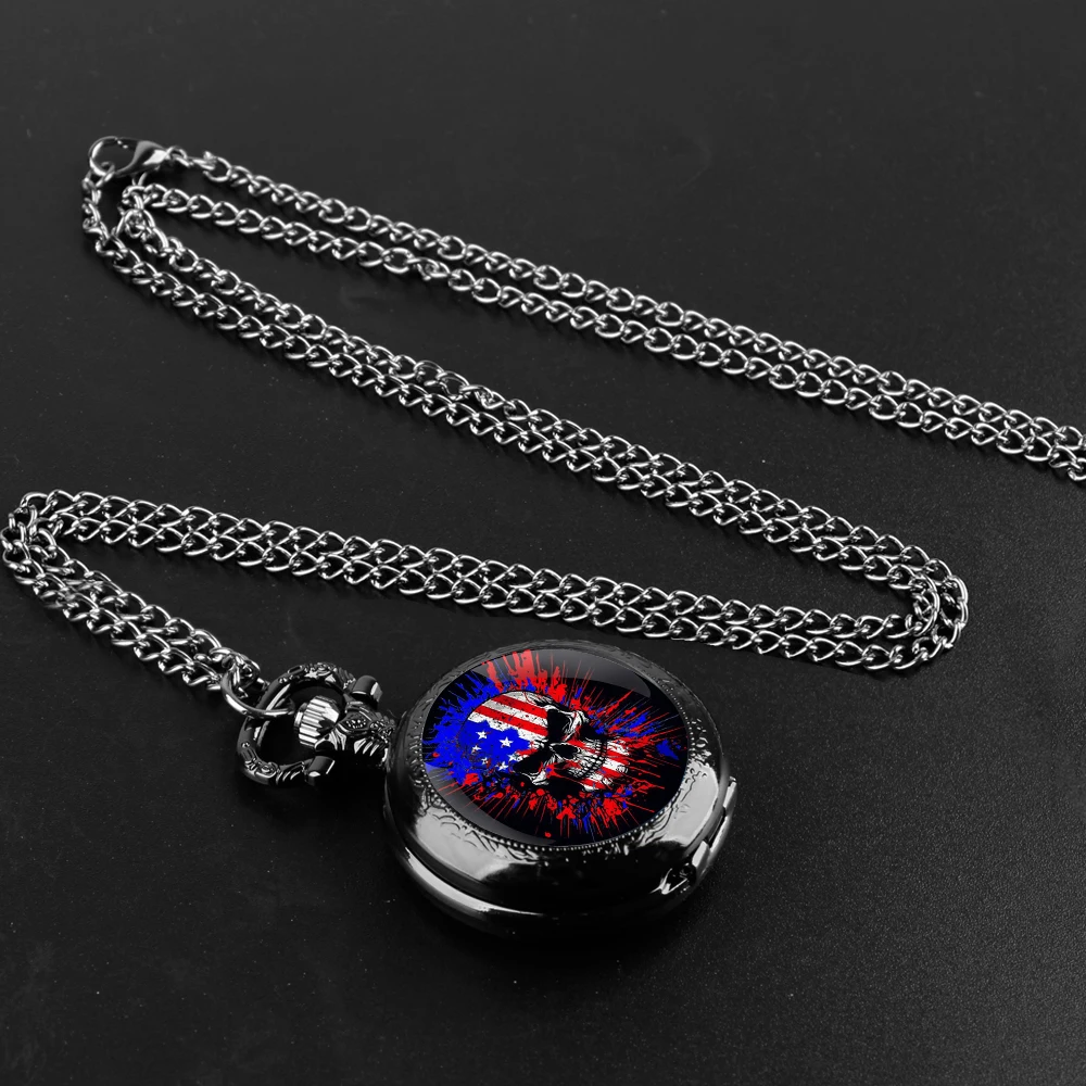 American Flag Skull Glass Dome Vintage numeri arabi orologio da tasca al quarzo collana ciondolo orologio catena per uomo donna