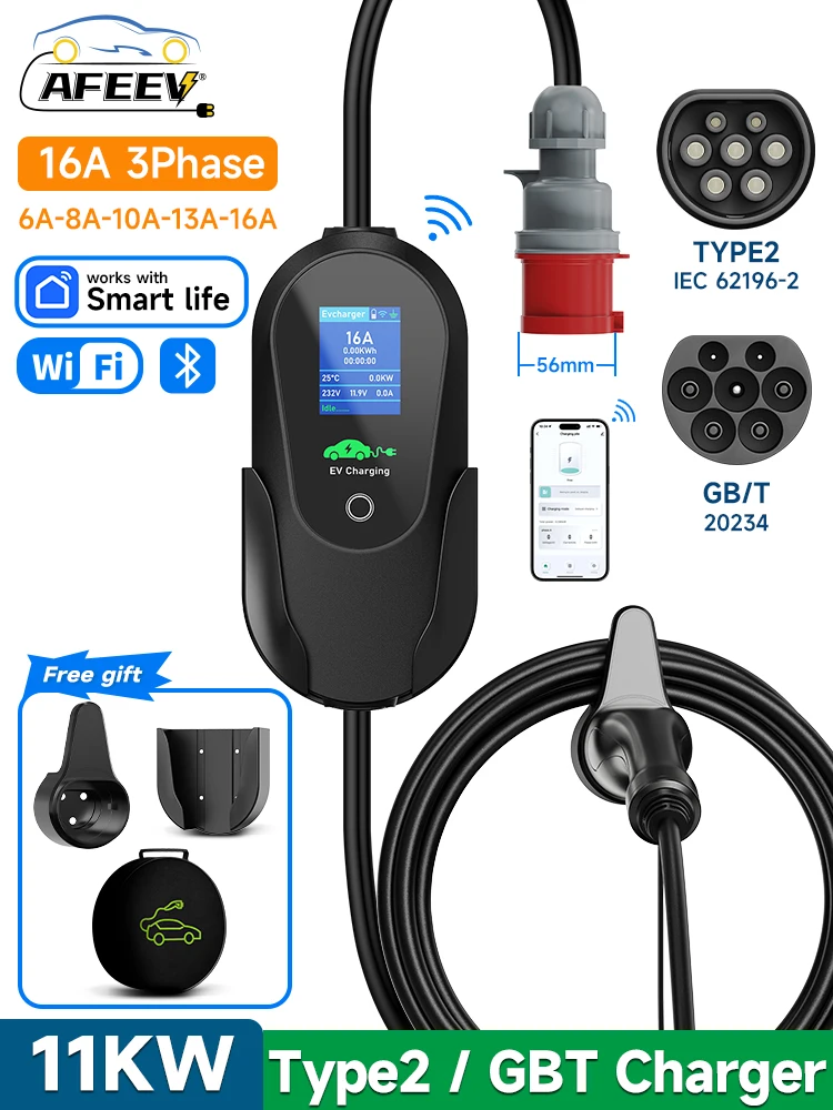 AFEEV 11KW 16A 3 Fase Draagbare EV Charger Type2 IEC62196-2 Snelle Oplaadkabel GB/T 20234 Wallbox EVSE CEE Plug WiFi APP Controle - afbeelding 2