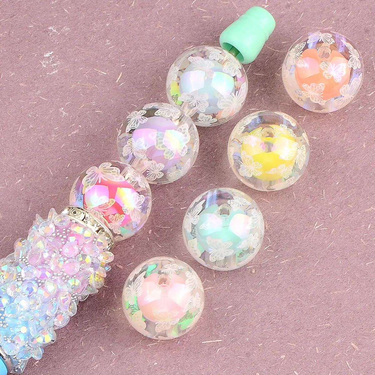 5pcs 1.6cm Random Color Mix Colorful Round Beads Butterfly Pattern Acrylic Beads DIY Bracelet Necklace Accessories