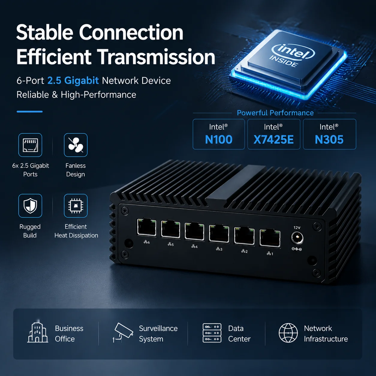 Qotom N100 Mini-PC X7425E N305 DDR5 RAM 6 x 2,5G LAN Barebone Firewall Router Home Office Industrie-Desktop-Computer