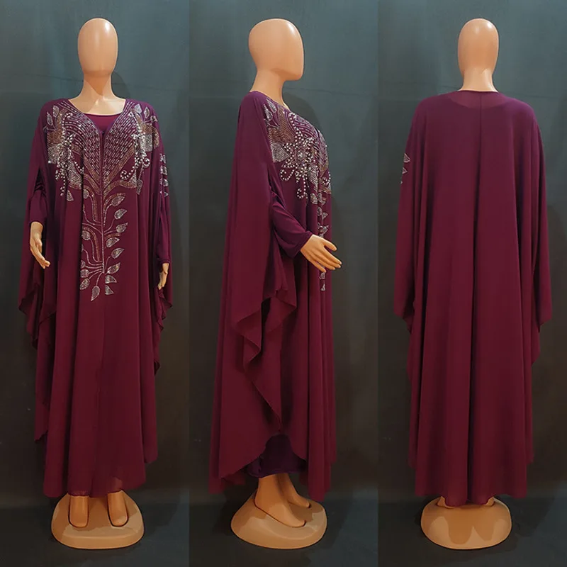 Muslim Women's Fashionable Solid Color Heavy Industry Hot Pressed Diamond Loose Casual Bat Sleeve Long Robe Skirt Chiffon Dress