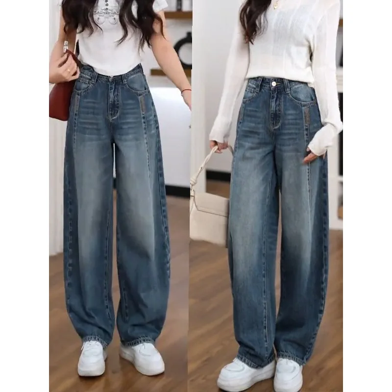 

Флисовые осенние узкие джинсы для женщин с высокой талией, свободные и утягивающие, с хорошей драпировкой, универсальные широкие брюки-бананы, женская одежда