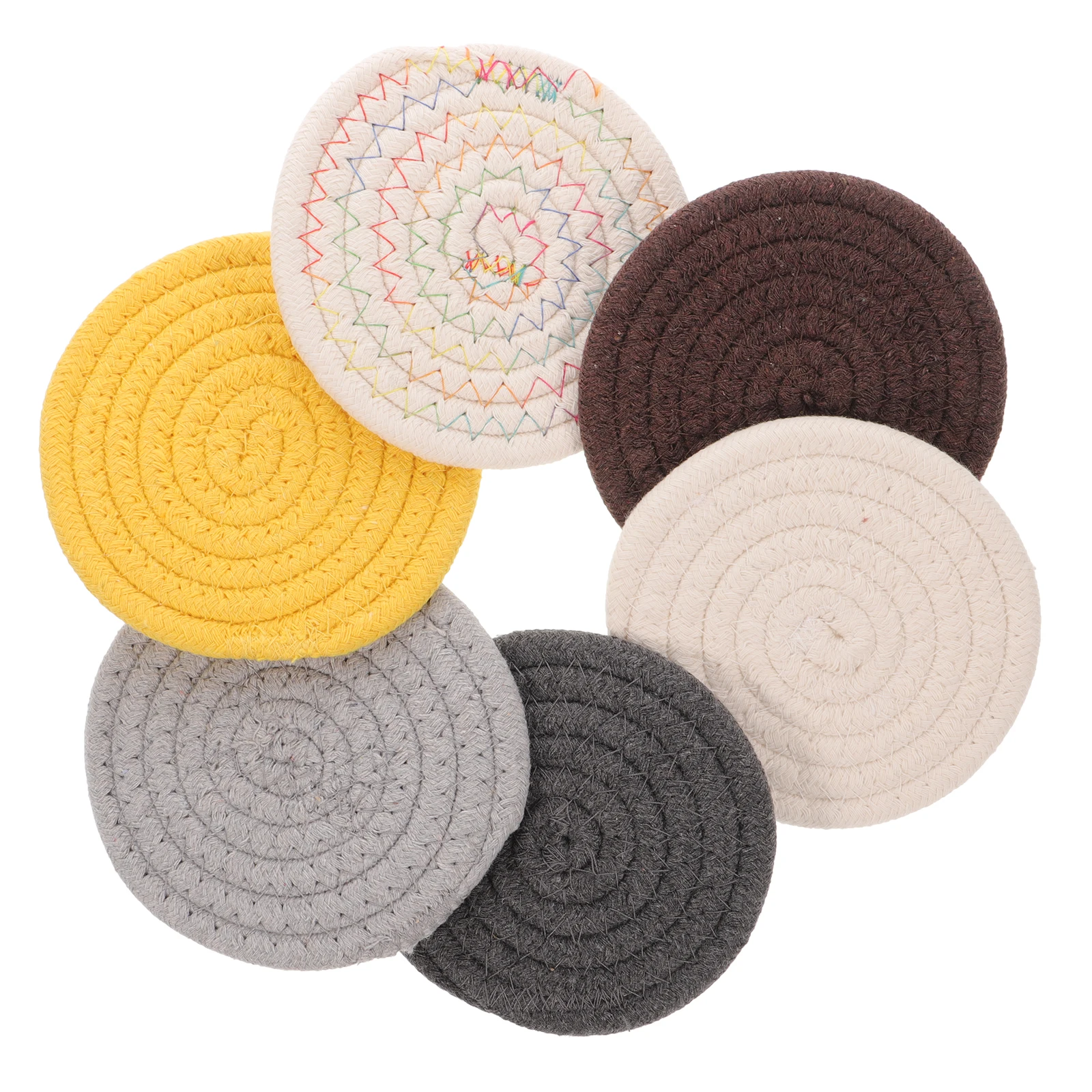 

6pcs Cotton Coasters Set Heat Insulation Pads Woven Round Thread Hot Pot Holders Absorbent Home Decor Kitchen Tableware