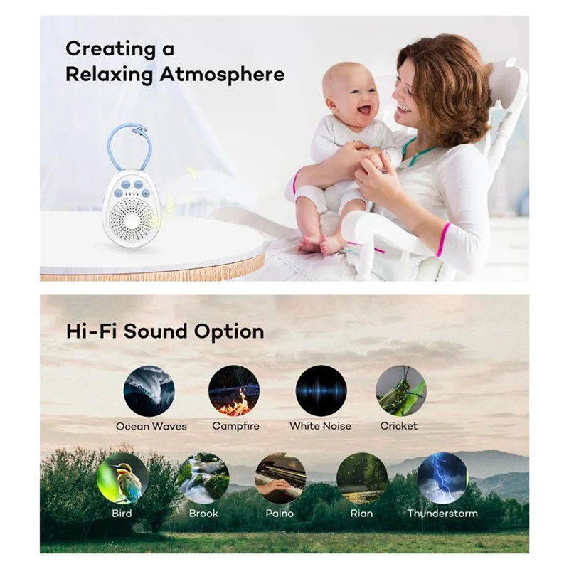 Sistema de sueño avanzado con 30 sonidos diferentes y luz de respiración guiada