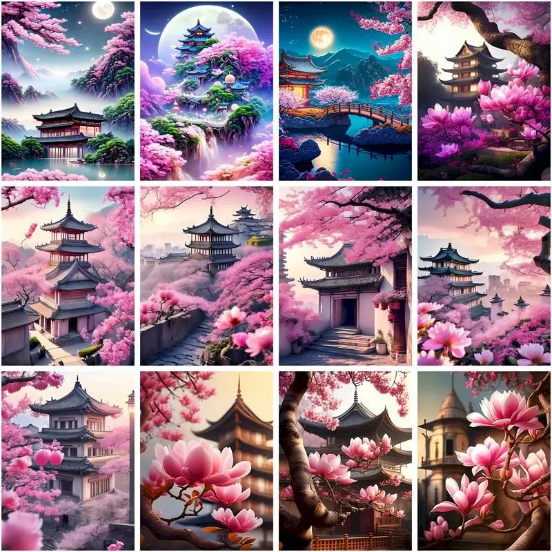 GATYZTORY Acrylic Painting By Number Scenery Of Sakura Pagoda Drawing On Canvas Handpainted Pictures By Number Kits Home Decor