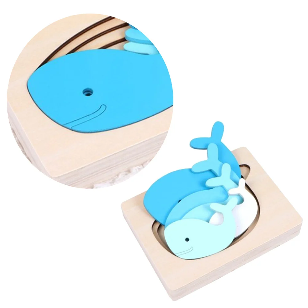 Rompecabezas de animales multicapa de madera, Panel 3D, ballena degradada azul de dibujos animados, juego educativo temprano para niños