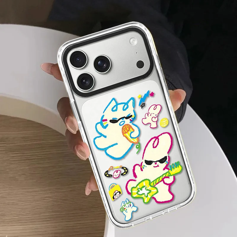 

Creative Rock Rabbit Cat White Border Magnetic Impact Cover for IPhone 12 13 14 15 16 17 Pro Max Case for IPhone 17 Air