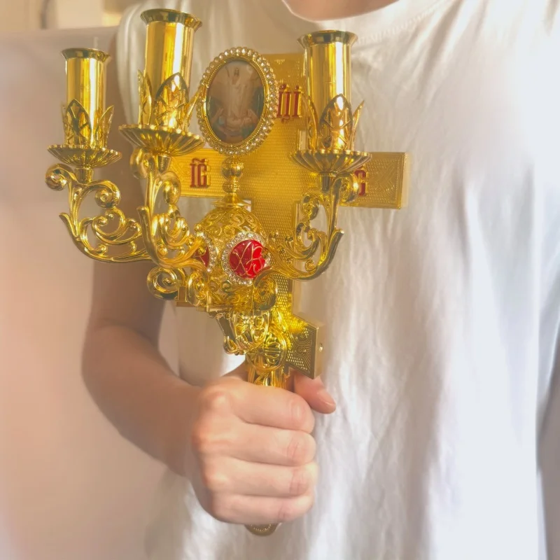 

Ornate Gold Plated Hand Blessing Cross with 3-Candle Holder & Enamel Icon for Orthodox Priest Liturgy Religious Decor