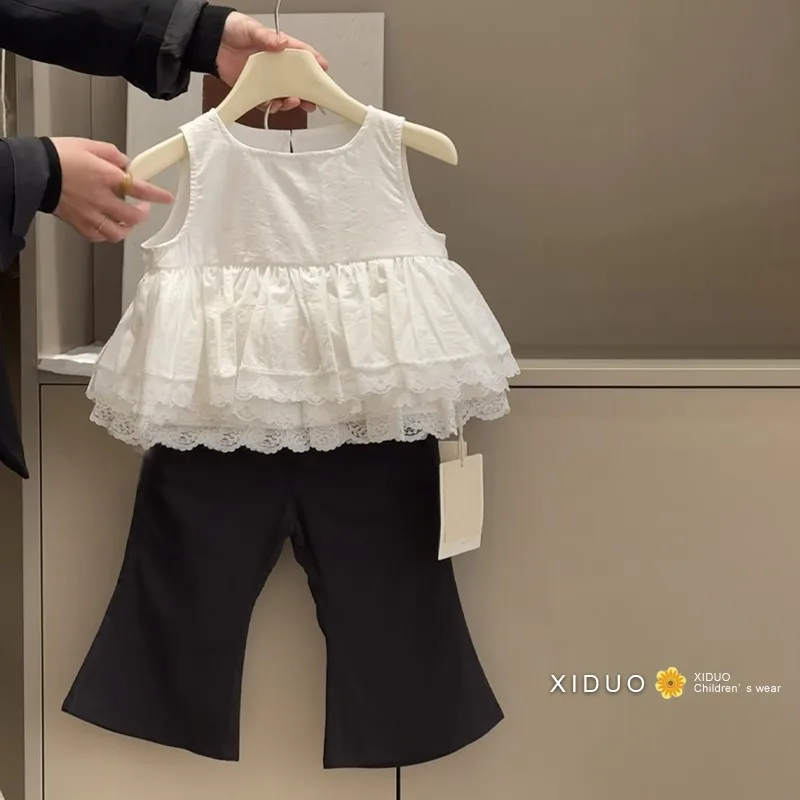 

Girls' Summer Set 2025 New Children's Lace Lace Pong Mesh Shirt+Bellbottom Pants 2-piece Set