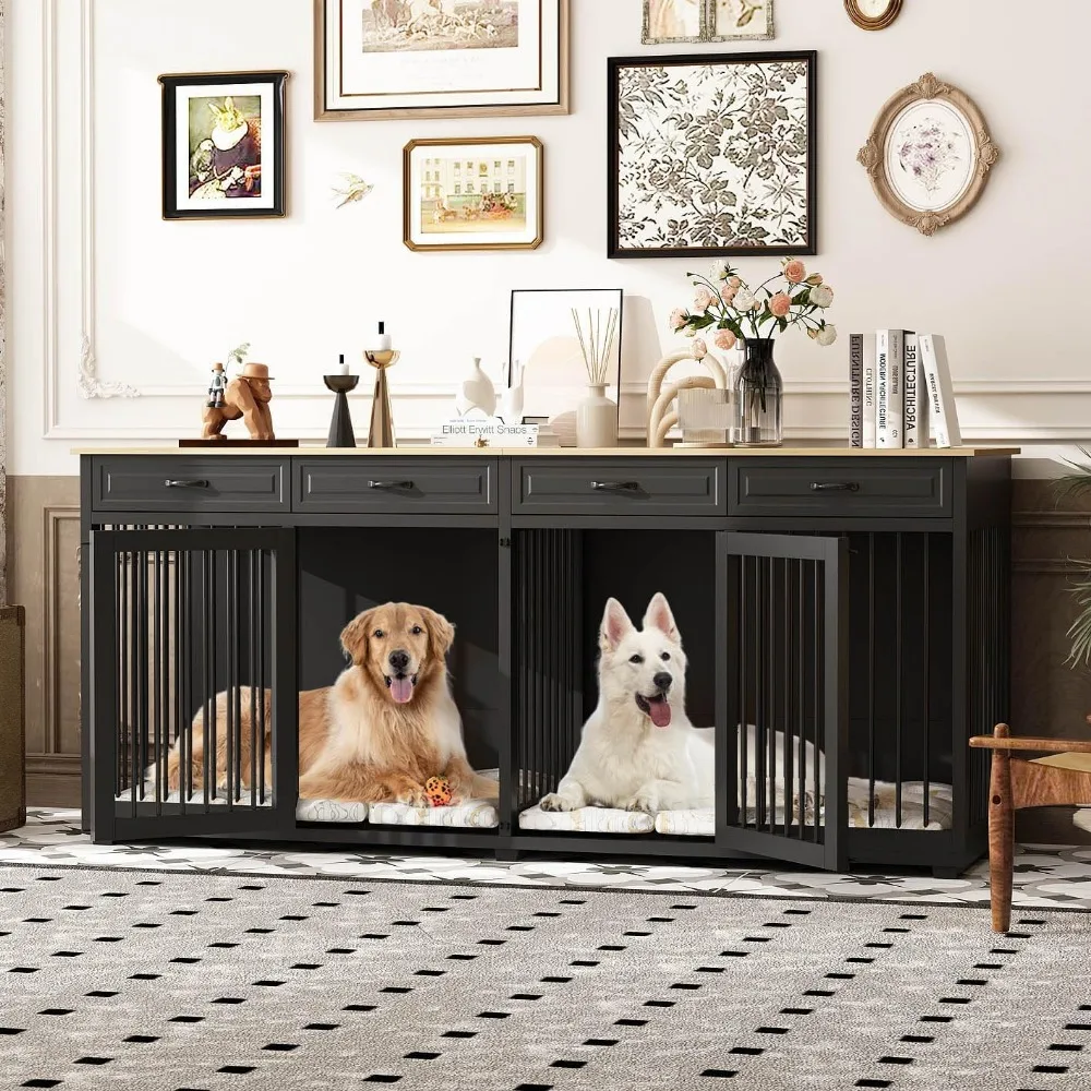 

Masterpiece Extra Large Dog Crate, 86.6" Heavy Duty Wooden Dog Cage Furniture Dog Crate Kennel With Drawers & Removable Divider