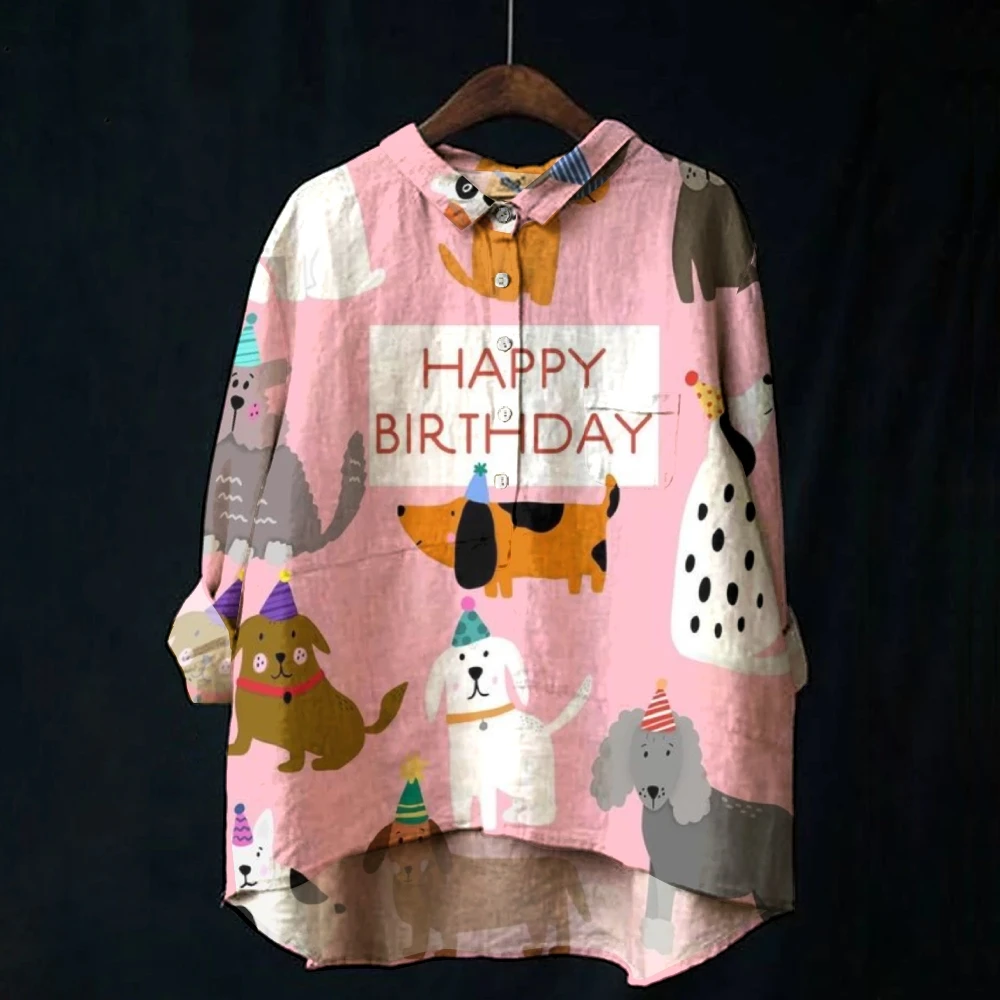 Festive Birthday Puppy Celebration Women's Print Shirt Happy Birthday in Pinks Paw Joyful Cartoon Dog Birthday Top Furry Friends