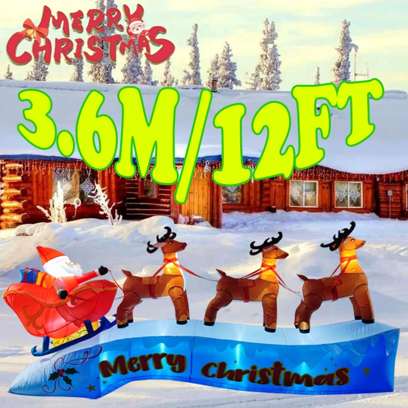3.6 متر/12FT عيد الميلاد زخرفة نفخ الغزلان سحب زلاجة المدمج في أضواء LED حفلة عيد الميلاد داخلي في الهواء الطلق حديقة الدعائم الديكور