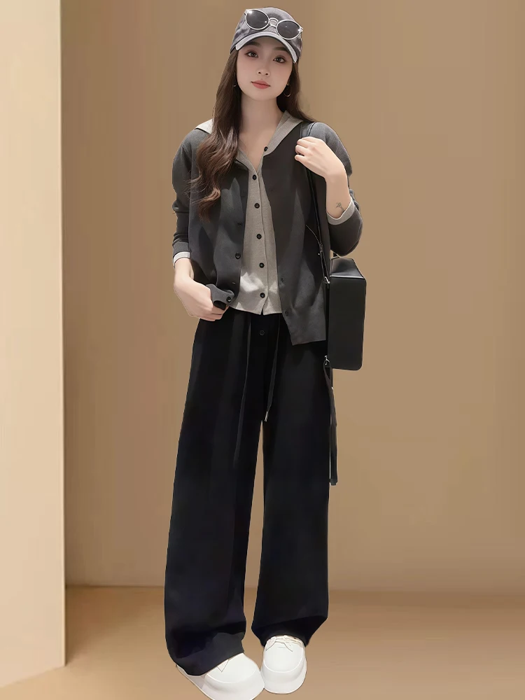 

Ранняя осень, красивый ленивый стиль, комплект из двух предметов для женщин, новинка 2025 года, искусственный свитер с капюшоном из двух частей и утягивающие широкие брюки