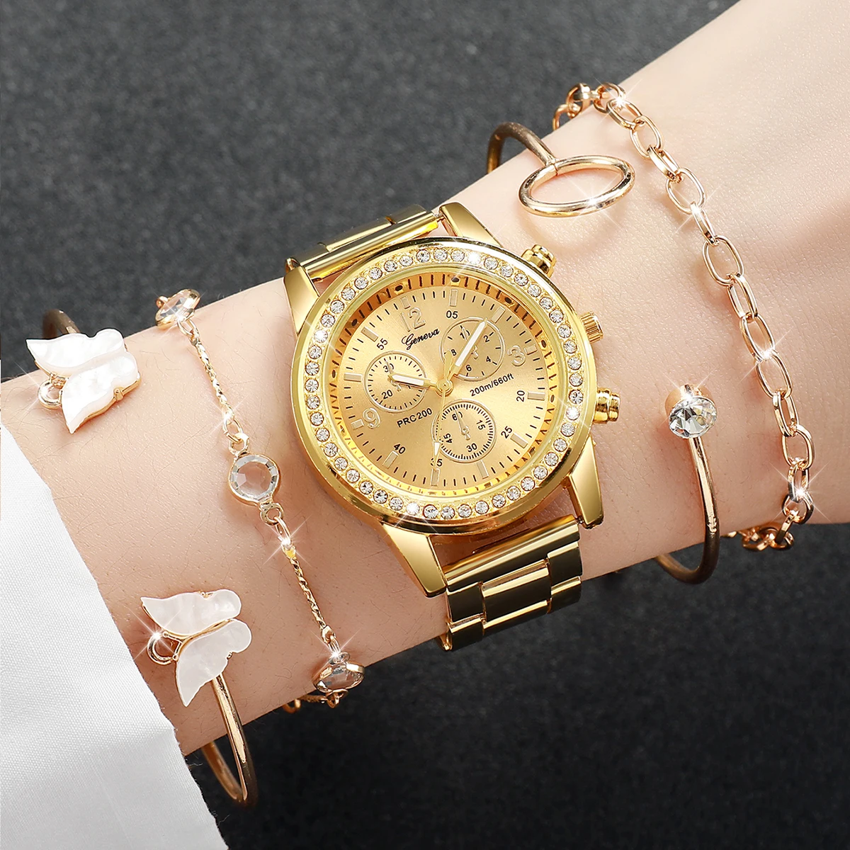 5PCs/Set Women Fashion Stainless Steel Watch Golden Color Quartz Watch With  Butterfly Bracelet Set