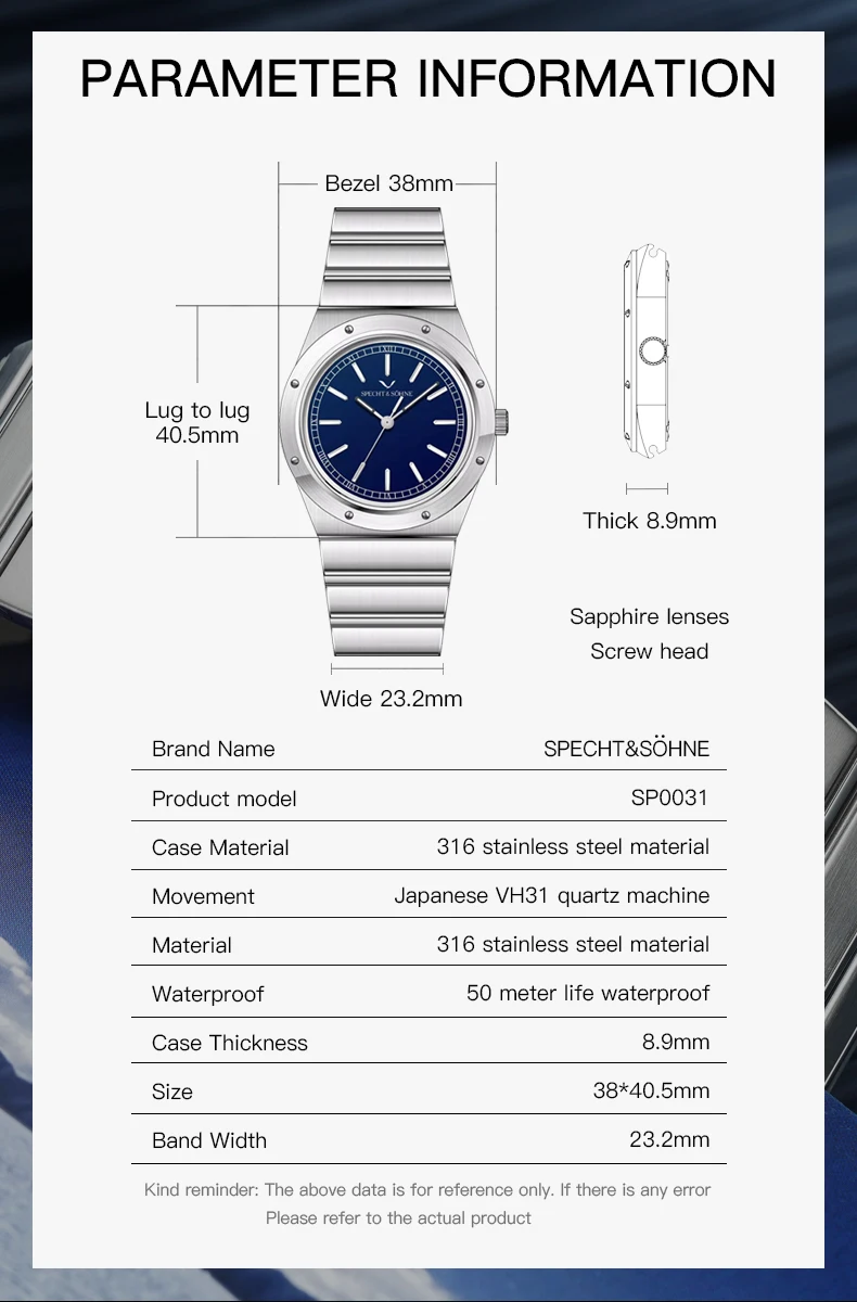 2025 New High Quality Specht & Söhne Luxury Quartz Watch For Men Blue Color Japan VH31 Movt Sport Wristwatch 50M Waterproof
