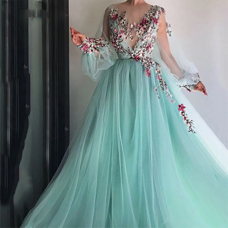 2022 3D Bloemen Lange Mouwen Tulle Groene Fee Prom Gown Celebrity Party Jurk Voor Tieners