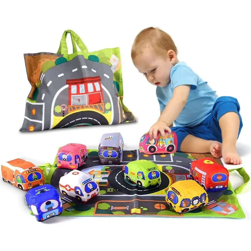 Juego de juguetes de coche de tela suave Montessori de Aprendizaje Temprano con tapete de juego, 6 vehículos para bebé, sonajero de papel interactivo, juguete de 12 a 18 meses