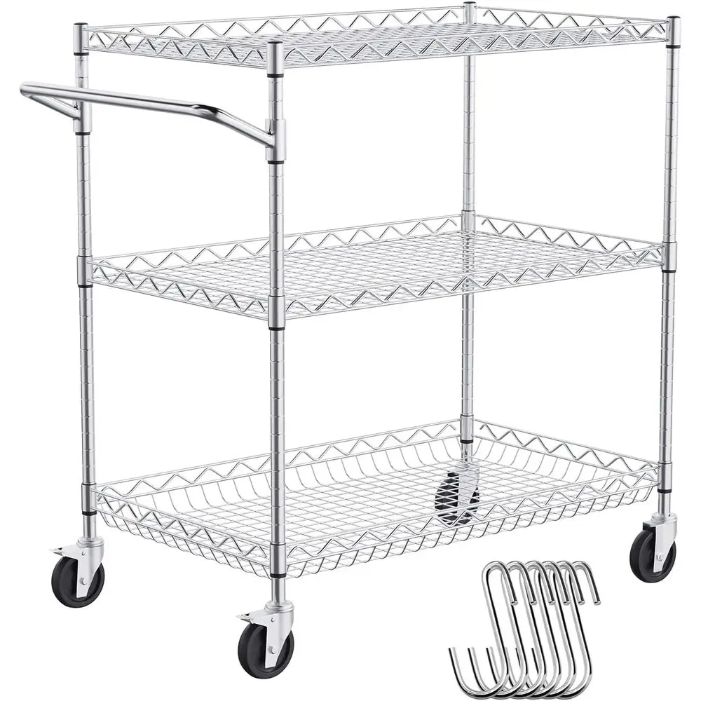 

Kitchen Utility Cart, 3 Tiers, Wire Rolling Table with 661 LBS acity, Steel Service Desk on Wheels, Metal Storage Trolley with 8