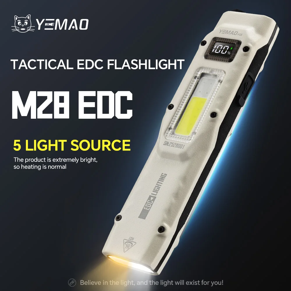 YEMAO M28 Portable Tactical EDC Flashlight Multifunctiona LED＋COB Torch With Clamp 13 Lighting Modes 102050 Battery UV Light