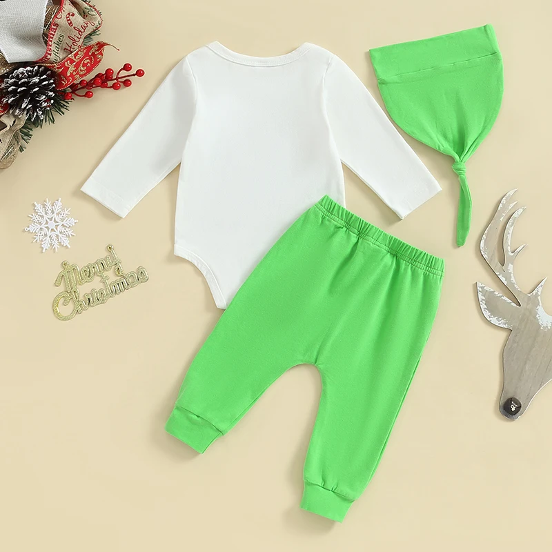 Toddler Girls 3-Piece Outfit Set with Long Sleeve Letter Print Romper Green Pants and Christmas Hat - Adorable Holiday