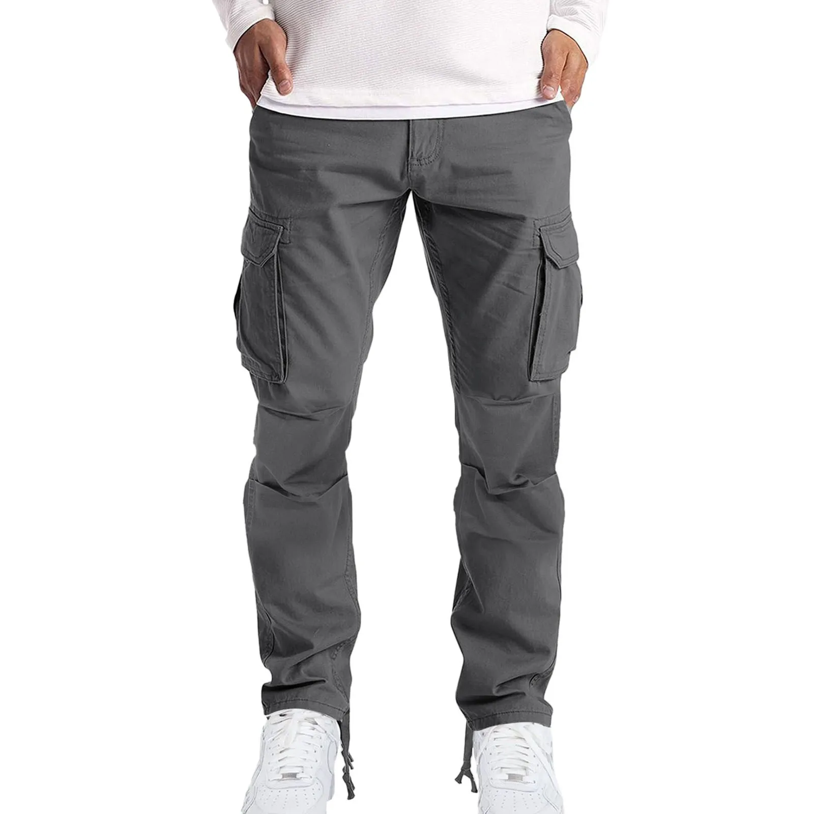 Calça de carga Four Seasons masculina, plissada dupla, monocromática, bolso, tubo reto, com zíper, esportes casuais, esportes de rua