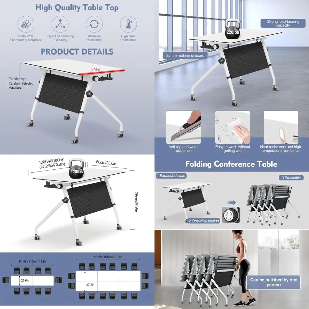 

Wooden Conference Table with Wheels for 4-6 People, White, 71 Training Desk for Meetings