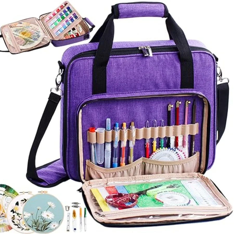 

Large Embroidery Project Bag Cross Stitch Supplies Organizer Storage Organizer for Floss Loops in Black with Reinforced Straps
