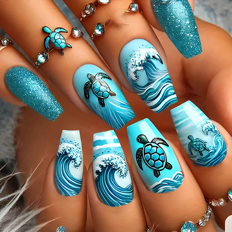 

24Pcs Long Square Press on Nails - Azure Ocean Theme with Waves, Sea Flowers, Turtle and Blue Glitter