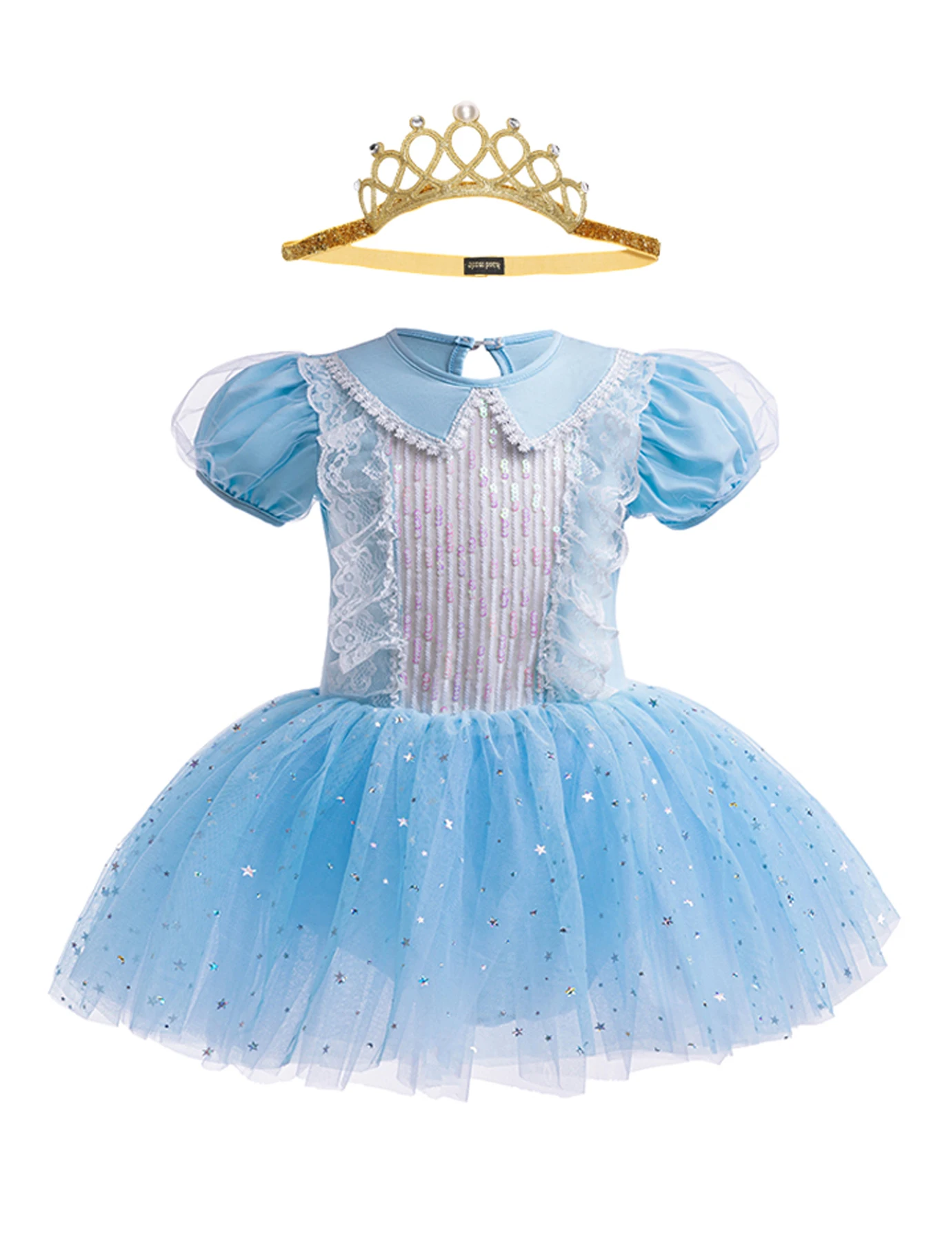 女の子用バレエチュチュドレス-サマーレースカラー-パフスリーブ-スター装飾チュール-クリスマス-ハロウィン用-ティアラ付き